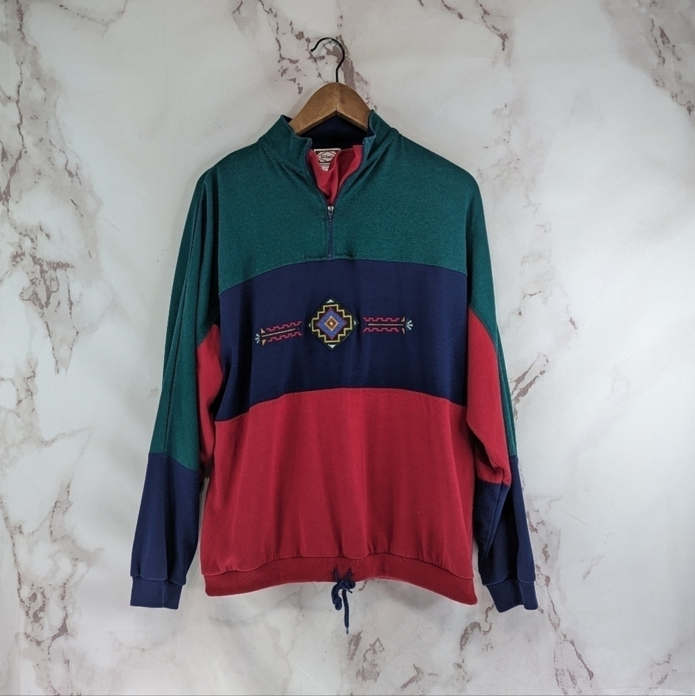 Vintage Sweatshirt Womens XL Green Cotton 90s Dad Southwest Aztec Colorblock
